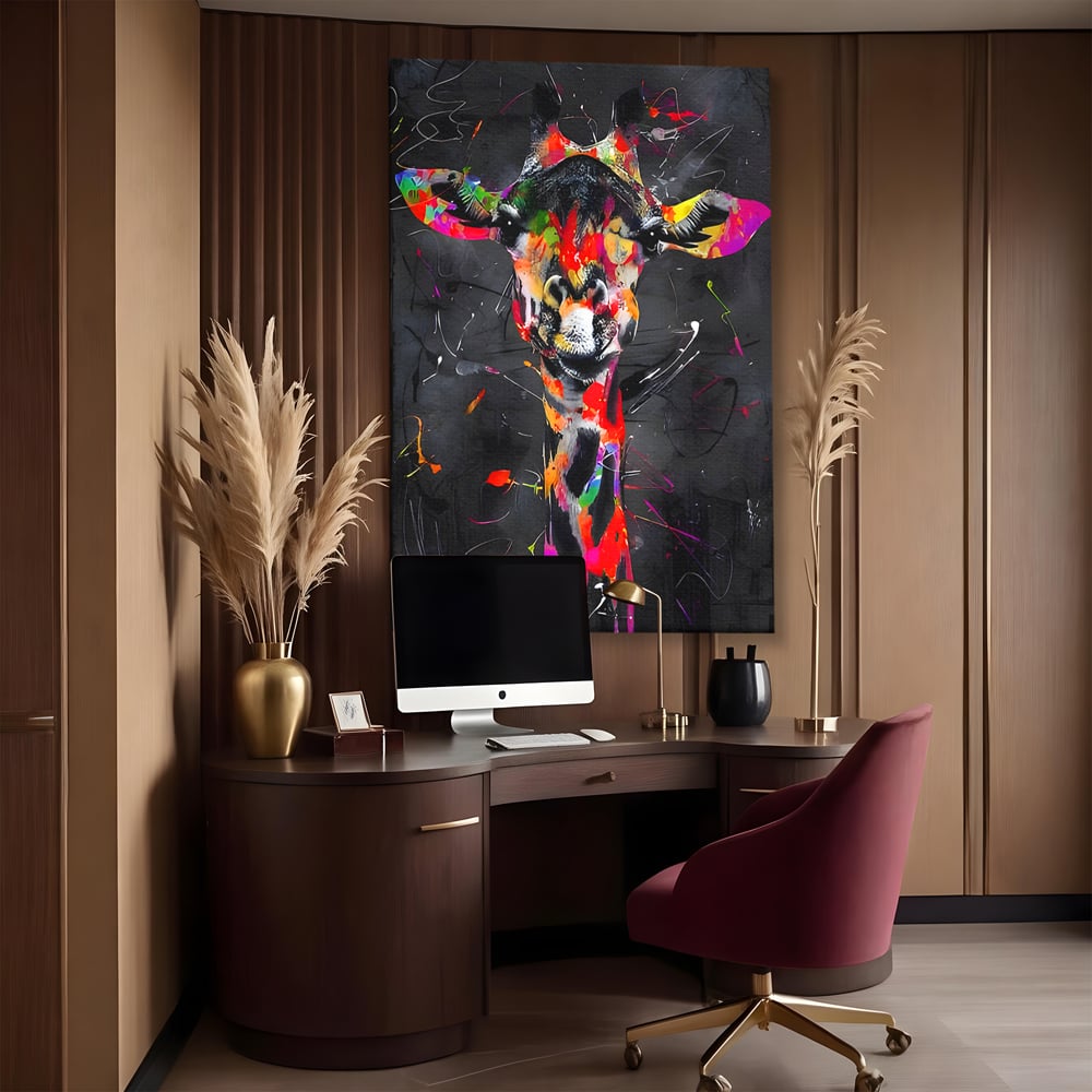 Tablou canvas cu tablou canvas cu girafa multicolor, fara rama, pe sasiu de lemn, pe perete intr-un birou